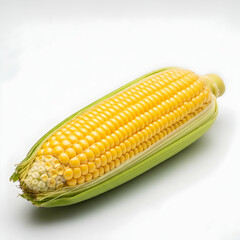 A close-up studio shot of a single, ripe ear of corn, partially husked.