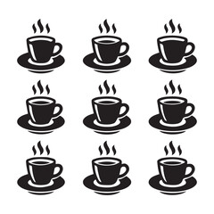 Nine Black Coffee Cups Steam Icon Set Simple Design vector