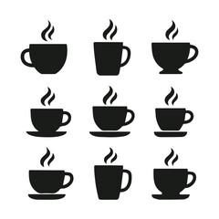 Nine Black Silhouettes of Coffee Cups and Mugs Steaming Hot Beverage vector