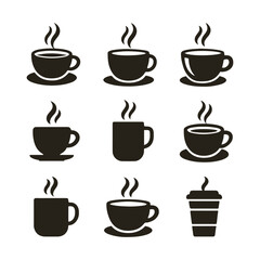 Nine Black Coffee Cup Icons Steaming Hot Beverage Set Silhouette Illustrations vector