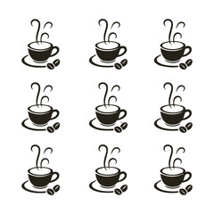 Nine Black Coffee Cups Steam Rising Coffee Beans White Background Simple Design vector