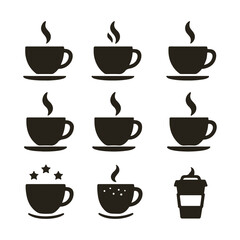 Nine Coffee Cup Icons Black Silhouettes Steam Three Stars Takeaway Cup vector
