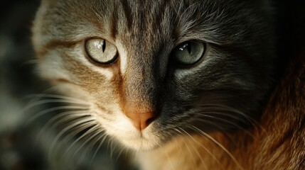 Close-up of a green-eyed orange tabby cat in soft lighting