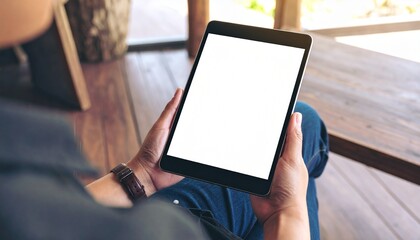 man holding an iPad with a blank white screen
