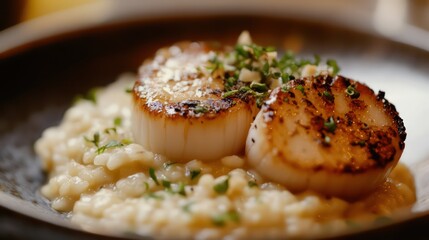 Seared Scallops on Creamy Risotto with Fresh Herbs, Gourmet Food Photography