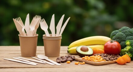 Eco Friendly Disposable Wooden Cutlery Set with Healthy Food on Wooden Table
