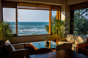 Fototapeta premium Panoramic seaside window view from minimalist living room