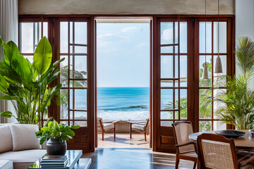 Fototapeta premium Stylish beachside apartment interior with indoor plants and ocean view