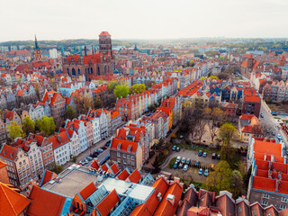 Gdansk with Motlawa river in Poland. Aerial landscape of the Main Town. Old town colourful house with saint Marys church