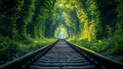 Obraz premium Lush greenery surrounding serene railway tunnel in vibrant summer forest