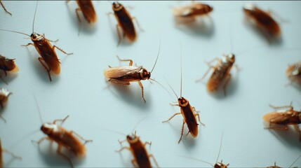 Close-up view of crawling brown cockroaches on a light surface
