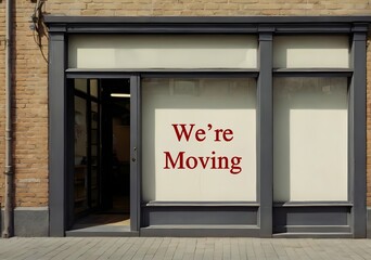 Obraz premium Business shop door closed with text written - We're moving - means store is relocating to a new place. Leaving current to settle into a new location