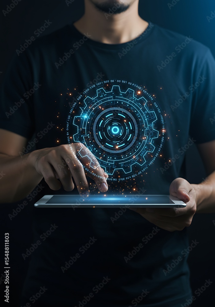 Poster person interacting with digital technology interface on a tablet representing innovation and progres