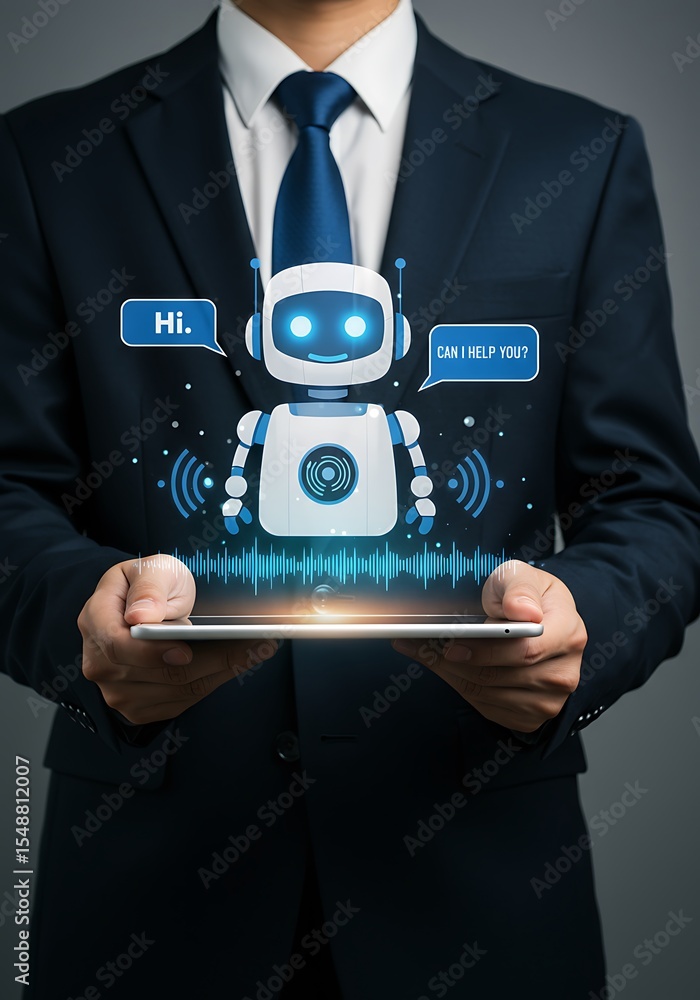 Aufkleber businessman with a digital robot chatbot on a tablet representing artificial intelligence technology