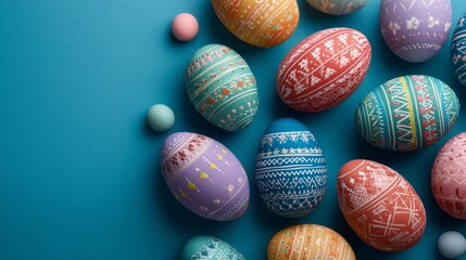 Colorful hand-painted easter eggs on blue background