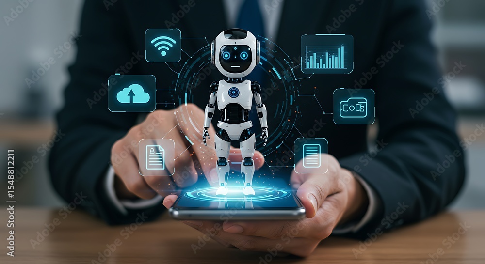 Poster businessman using smartphone with a futuristic ai robot and digital interface.