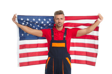 Independence day of America. 4th of July. American flag and man worker. Flag of USA. Independence...