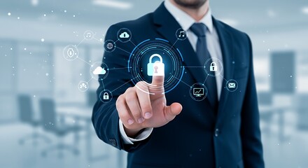 Businessman touching digital interface with security lock concept to ensure data protection