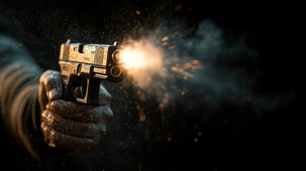 Close-up of hand firing pistol with muzzle flash in dark setting