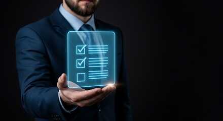 Businessman presenting a glowing digital checklist representing project management and planning