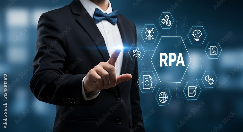 Poster businessman interacting with robotic process automation rpa digital interface for business solutions