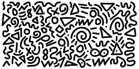 Obraz premium Memphis geometric seamless pattern. Monochrome abstract background in retro 80s,90s style with various shapes circles, semicircles, dots, zigzags, spirals, wavy lines. Cute kid doodle design in eps10.