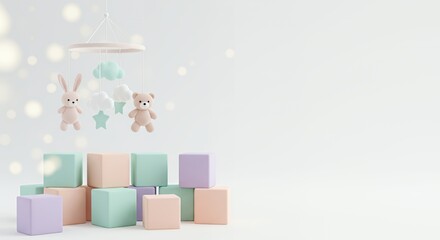 Pastel Nursery Decor: Mobile, Blocks, and Soft Toys
