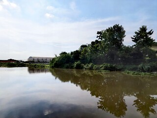 Fototapeta premium Calm canal water reflecting trees and distant building under sky.