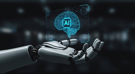 Artificial intelligence concept a robotic hand presenting a futuristic ai brain illustration