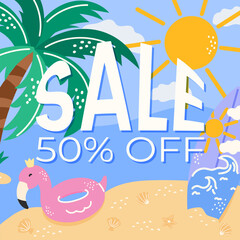Colorful and fun summer sale vector with 50 OFF sale announcement, sea, palm, surfboard. Perfect for seasonal deals, flash sales, and marketing materials