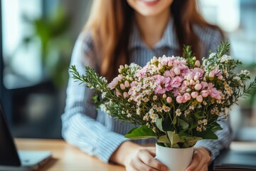 Leadership and employee management concept, female boss presenting a reward cup, bouquet, and bonus to the best employee of the month, motivating the team., Generative AI
