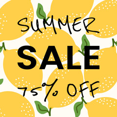 Bright summer sale vector with bold 75 OFF text and fresh lemon. Perfect for seasonal promotions, banners, and retail ads