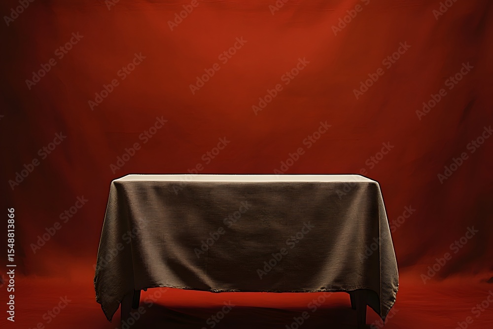 Poster a square table draped with a front cloth, set against a dark red backdrop, featuring a minimalist de