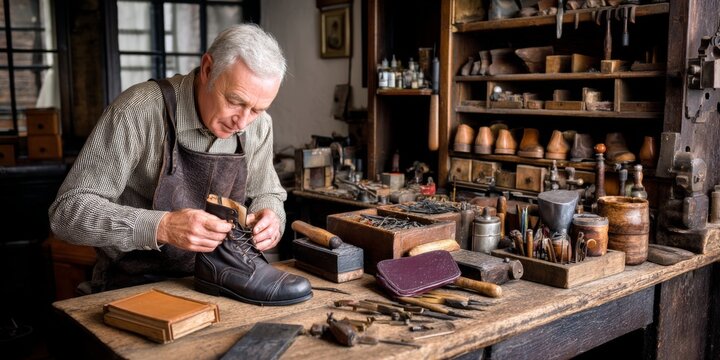 Elderly caucasian male cobbler crafting leather boot in traditional workshop setting - Powered by Adobe