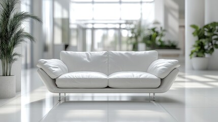 Fototapeta premium A minimalist white leather sofa in an ultra-modern hotel lobby, with a glass ceiling allowing natural light to cascade in, and sleek, reflective surfaces around the space.