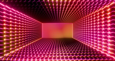Futuristic glowing neon waving cube background. Shining geometric multicolor lines inside corridor in perspective. Bright retro digital cyberspace. 3D rendering.