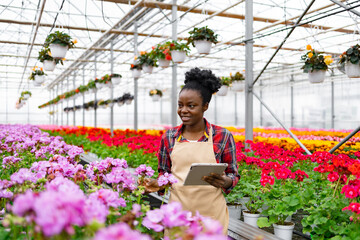 An African-American woman, smiling, holding a tablet while inspecting colorful flowers in a greenhouse.