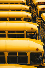 Side view of classic yellow school buses standing in alignment, filling the entire frame, creating a strong visual pattern, nostalgic school transportation concept, perfect for stock photography.