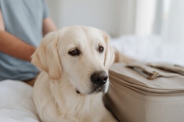 Golden retriever sitting on bed next to suitcase