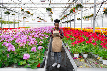 A smiling African woman tending to flowers in a greenhouse, using a tablet to monitor her plants.