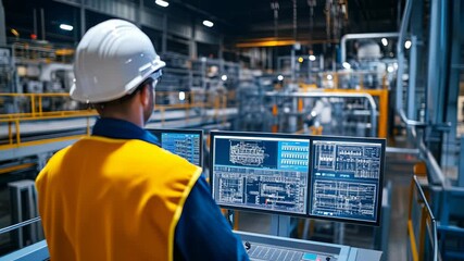 Factory worker in helmet monitoring industrial control screens in modern production environment. Concept of smart manufacturing - Powered by Adobe