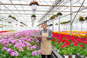 A man in a greenhouse inspects flowers, using a laptop to manage the flora in this colorful environment. Hanging baskets and various blooms create a vibrant scene.