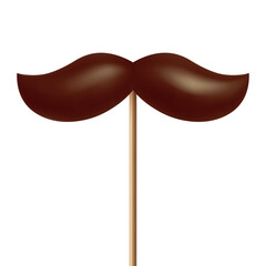 Vector 3d Realistic Brown Mustache Prop on Stick, Isolated. Simple Mustache for Party, Photo Booth, Masquerade, Costume, Funny Carnival, Cosplay, Hipster Style