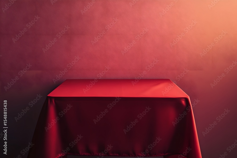 Poster minimalist front view of a red-draped square table, photographed with soft natural light and no dist