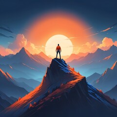 Adventurous man standing on mountain peak watching sunrise, epic outdoor landscape, inspiring travel adventure, motivational sunrise hiking scene
