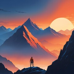 Adventurous man standing on mountain peak watching sunrise, epic outdoor landscape, inspiring travel adventure, motivational sunrise hiking scene
