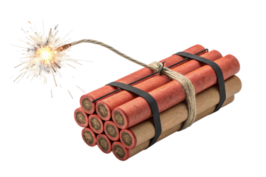 Dynamite sticks bundle with burning fuse isolated on transparent background