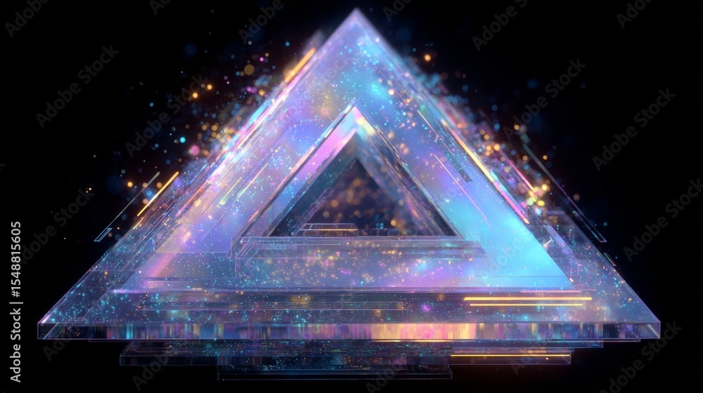 Poster vibrant glowing triangular prism with colorful light sparkles on black background