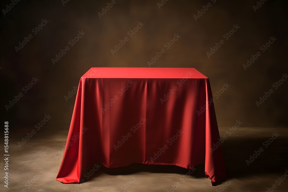 Poster a clean, hyper-realistic octane-style render of an empty cube with a red cloth front, dark brown bac