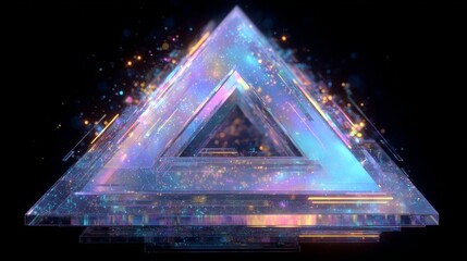 Vibrant glowing triangular prism with colorful light sparkles on black background